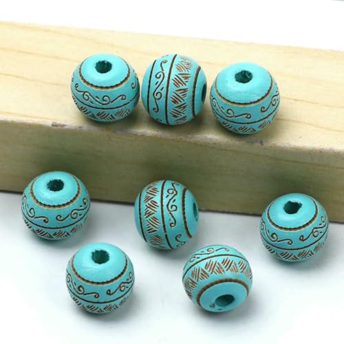 Natürliche Holzperlen, 10 mm, lose, farbige Holzperlen, geschnitztes dekoratives Muster, runde Kugeln, Perlen zur Schmuckherstellung, DIY-Zubehör, Hellblau, 10 mm, 10 Stück von ZEYRU