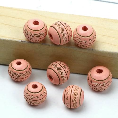 Natürliche Holzperlen, 10 mm, lose, farbige Holzperlen, geschnitztes dekoratives Muster, runde Kugeln, Perlen zur Schmuckherstellung, DIY-Zubehör, Rosa, 10 mm, 10 Stück von ZEYRU