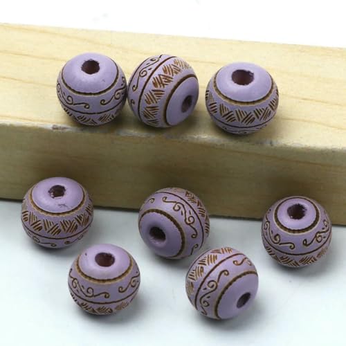 Natürliche Holzperlen, 10 mm, lose, farbige Holzperlen, geschnitztes dekoratives Muster, runde Kugeln, Perlen zur Schmuckherstellung, DIY-Zubehör, lila, 10 mm, 10 Stück von ZEYRU