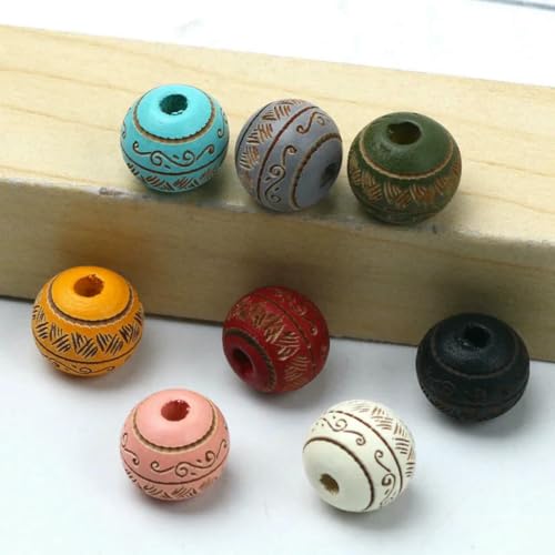 Natürliche Holzperlen, 10 mm, lose, farbige Holzperlen, geschnitztes dekoratives Muster, runde Kugeln, Perlen zur Schmuckherstellung, DIY-Zubehör – Mix – 10 mm, 10 Stück von ZEYRU