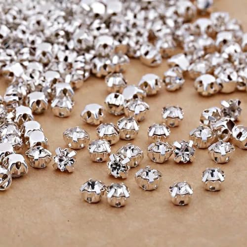 Neue 3,0 mm 4 mm 5 mm 7 mm 8 mm silberne Krallen zum Aufnähen, runde Strasssteine für Handarbeiten, DIY, Glaskristalle, Steine, Kleidung, Hochzeitskleid, weiß, Krallen-Strass, 5 mm, 100 Stück von ZEYRU