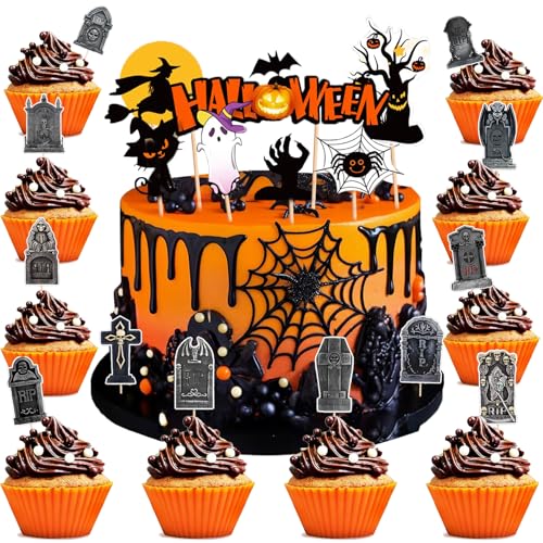 26 Stück Lustige Halloween Cake Topper,Fledermaus Geister Kuchen Deko,Halloween Cupcake Topper,Tortendeko Halloween Cupcake Toppers für Gespenst Zauberer Hexe Thema Kuchendekoration Geburtstag Party von ZFHLZJY