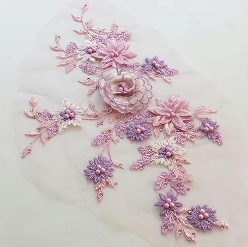 1 Stück 6 Farben Perlen Pailletten Blumenstickerei Nähen Handwerk Spitze Ausschnitt Applikationen Besatz 3D Patches DIY Kleid Kleid Dekor-Rosa Lila von ZFISH