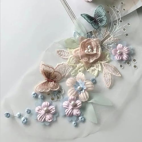 1 Stück Stickerei 3D Blumen Schmetterling Spitze Applikation Patch Zarte Perlenspitze Hochzeit Kleidung Dekoration Nähen DIY Zubehör-Rosa Blau von ZFISH