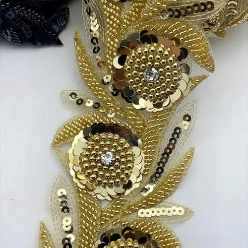 1 Yards Gold Silber Schwarz DIY Kleidung Nähen schöne geflochtene Pailletten Perle Perle metallische Spitzenbesätze für Kleidung-Gold B-3yard von ZFISH