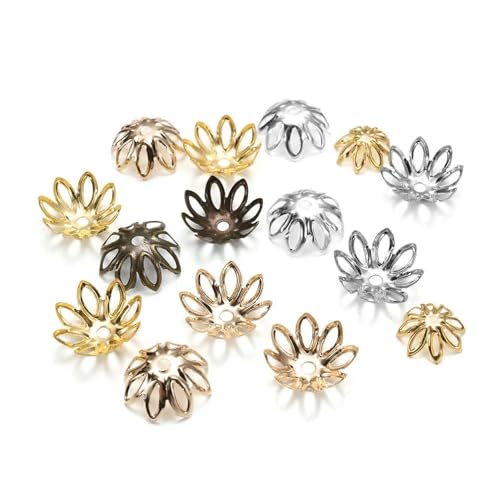 100/200 Stück filigrane Hohlblumen-Perlenkappen aus Metall, 7–14 mm, End-Spacer-Charms, Perlenkappen für DIY-Schmuckherstellung, Zubehör – 100 Stück, mehrfarbig, 7 mm von ZFISH