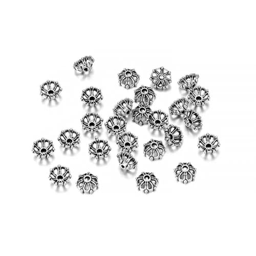 100 Stück/Los 8 mm Perlenkappen mit 7 Blütenblättern, antike hohle Blume, lose Endkappen zum Selbermachen von Schmuckherstellungszubehör - Antiksilber - 8 mm x 100 Stück von ZFISH