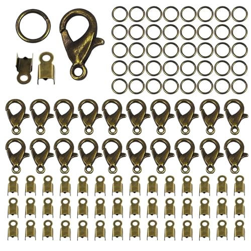 100 Stück Karabinerverschluss, Biegeringe, Verbindungsverschluss, Crimp-Endperlen für Armbänder, Halsketten, Ketten, DIY-Schmuckherstellung, Zubehör-Set, Stil 2, antike Bronze von ZFISH