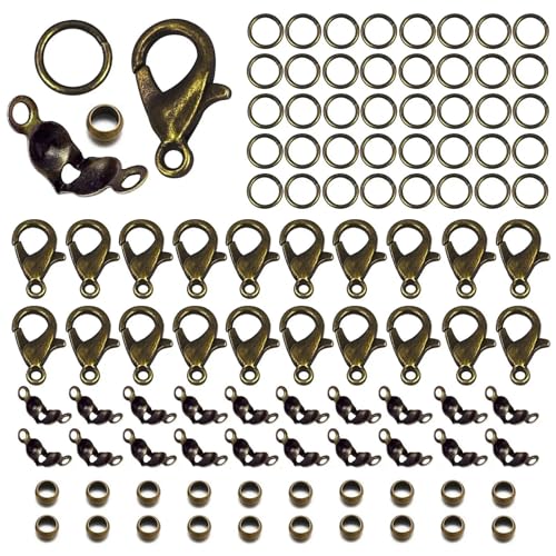 100 Stück Karabinerverschluss, Biegeringe, Verbindungsverschluss, Crimp-Endperlen für Armbänder, Halsketten, Ketten, DIY-Schmuckherstellung, Zubehör-Set, Stil 3, antike Bronze von ZFISH