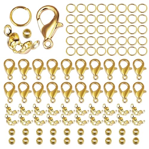 100 Stück Karabinerverschluss Biegeringe Verbindungsverschluss Crimp-Endperlen für Armbänder Halsketten Ketten DIY Schmuckherstellung Zubehör-Set-Stil 3-Gold von ZFISH