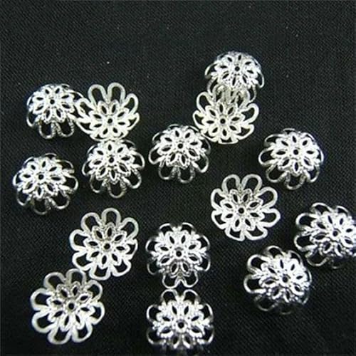 200 Stück 10 mm Hohlblumen-Perlenkappen aus Metall zum Selbermachen, Perlenverbinder, modisches Schmuckzubehör, Silber, 10 mm von ZFISH