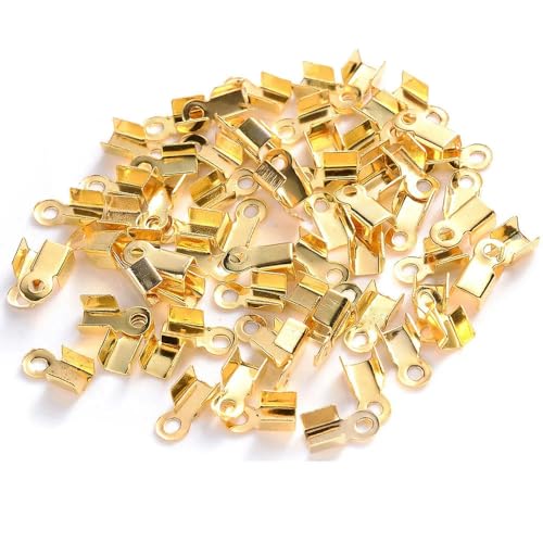 200 Stück Cove-Verschlüsse, Kordel-Endkappen, Clip, Falt-Quetschperlen, Schnur, Band, Leder-Clip-Spitzen-Verbinder für DIY-Schmuckherstellungszubehör, Gold, 3,5 x 9 mm von ZFISH