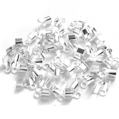 200 Stück Cove-Verschlüsse, Kordel-Endkappen, Clip, Falt-Quetschperlen, Schnur, Band, Leder-Clip-Spitzen-Verbinder für DIY-Schmuckherstellungszubehör, Silber, 3 x 6 mm von ZFISH