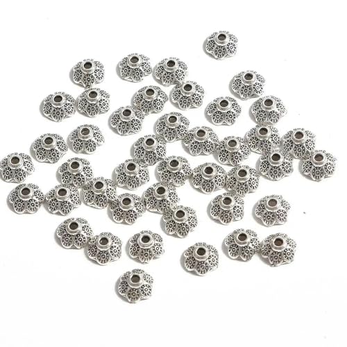 50 Stück/Los Antiksilberfarbene tibetische Metallperlen Endkappen Blumenperlenkappen für DIY Schmuckherstellung Zubehör-Splitter 9 mm 50 Stück_b von ZFISH