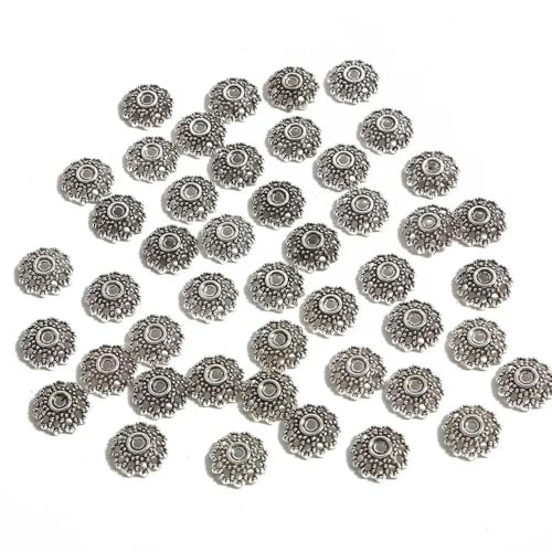 50 Stück/Los Antiksilberfarbene tibetische Metallperlen Endkappen Blumenperlenkappen zur Herstellung von DIY-Schmuckstücken-Splitter, 11 mm, 50 Stück von ZFISH