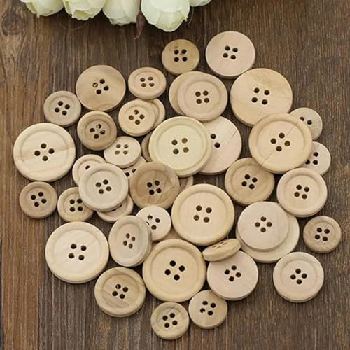 50 Stück gemischte Holzknöpfe in Naturfarbe, rund, 4 Löcher, zum Nähen, Scrapbooking, DIY-3# von ZFISH