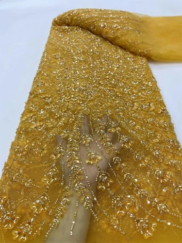 Afrikanischer Spitzenstoff in Gold, Meterware, Pailletten, 2024, Tüll, Brautkleider, Stickerei, Netz, Perlen, Stoff, 5 Yards-6-5 Yards von ZFISH