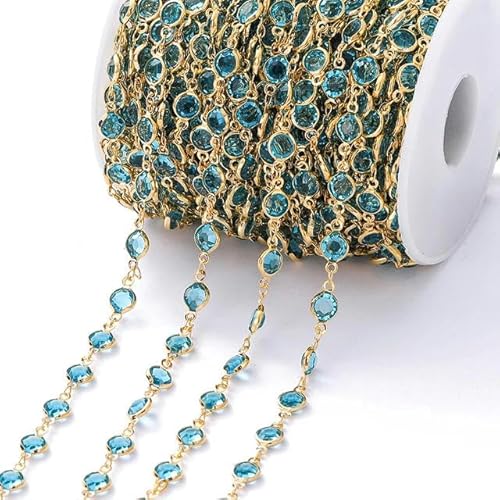 Meter 6 mm bunte Kristallperlen, Perlenkette, Glasperlen-Halskette, Kettenzubehör für DIY-Armbänder, Schmuckherstellung, Zubehör-Seeblau-Gold von ZFISH