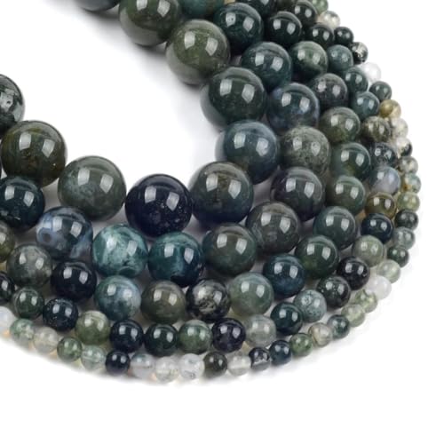 Natursteinperlen, 4–10 mm, Achate, Tigeraugen, Jade, Rosenquarz, Jaspis, runde Perlen zur Schmuckherstellung, DIY-Armband-Moosachat, 6 mm, 60 Stück Perlen von ZFISH