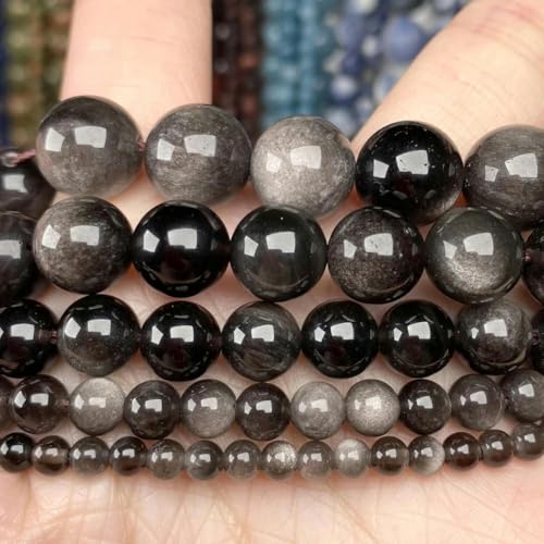 Natursteinperlen 4–10 mm Lava Tigerauge Türkis Verkrustete Achate Lose runde Abstandsperlen zur Schmuckherstellung DIY Armbandzubehör-Silber Obsidian-10 mm ca. 37 Stück von ZFISH