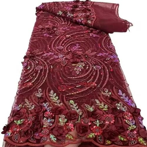 Weiche afrikanische Perlenspitze, 3D-Stoff, 5 Yards, französischer Tüll, Paillettenstickerei, Hochzeit, lila Stoff-57_a-5 Yards von ZFISH