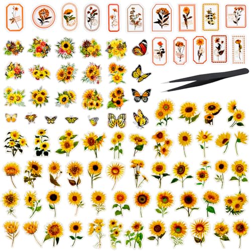 ZFKXGS 180 Stück Sticker Blumen Sonnenblume Scrapbook Zubehör Set Bullet Journal Aesthetic Aufkleber Transparent PET für Fotoalbum Sammelalbum Notizbuch Tagebuch Laptops DIY Geschenkverpackungen Deko von ZFKXGS