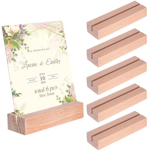 ZFKXGS 6 Stück Kartenhalter Holz Keine Grate Menükartenhalter 10x3x2cm Tischkartenhalter Holz Natürlich Platzkartenhalter Fotoständer für Hochzeit Tischnummer Party Dekoration Tischkarte (Schlitz 3mm) von ZFKXGS