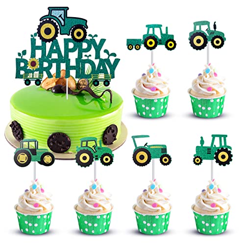 Grüner Traktor Happy Birthday Kuchenaufsatz – Bauernhof-LKW-Traktor Jungen Geburtstagsparty Kuchenaufsatz – Kinder-Bauernhoffahrzeug grüner Traktor Geburtstagsparty Zubehör von ZFMY Wong