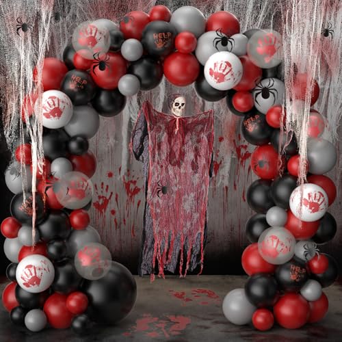 Gruselige Halloween Party Dekoration - Halloween Schwarz Rot Ballonbogen für Halloween Zombie Ghoul Party Supplies, Halloween Blutige Handabdrücke Ballon, 3D Spinne Aufkleber, Skelett Blutige Party von ZFUNBO