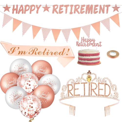 23 Stück Ruhestand Deko Diadem und Schärpe– I'm Retirement, Weiß & Roségold, Ruhestand Luftballons Banner und Cake Topper, Ruhestand Pensionierung Party Abschiedsfeier Deko für Frau Männer von ZGCXRTO