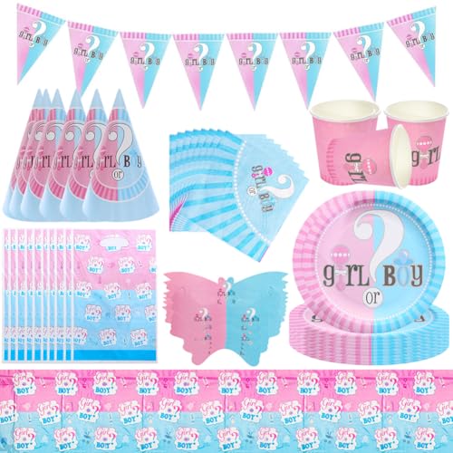 87 Stück Gender Reveal Party Deko Geschirr,Baby Shower Gender Reveal Footprints Geschirr Party Zubehör für Teller Servietten Tischdecke Tassen Geschirr Set für Baby Mädchen oder Jungen-10 Gäste von ZGCXRTO