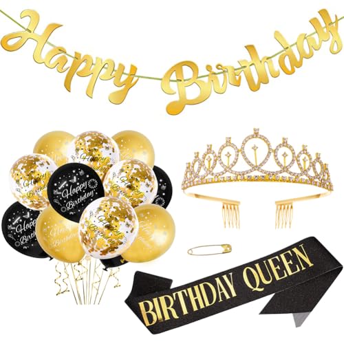 Gold Geburtstag Mädchen Deko Queen Schärpe und Tiara, Geburtstag Deko Geschenke für Frauen zum Geburtstag Alles Gute zum Mit Gold Happy Birthday Banner Gold & Black Luftballons (A) von ZGCXRTO