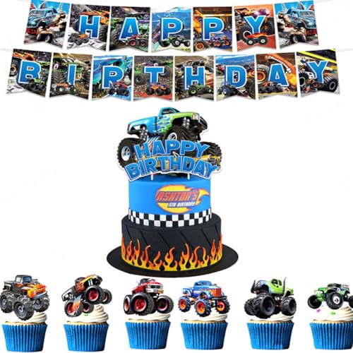 Monster Truck Kuchen Dekoration,40 Stück Monster Truck Cake Tops Set Auto Happy Birthday Tortendeko Banner Auto Cupcake Toppers Monster Trucks Thema Birthday Supplies Für Kinder von ZGCXRTO