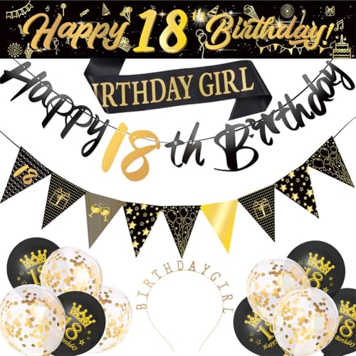 Schwarz Gold 18 Geburtstag Deko Schärpe und Tiara,Gold Kristall Krone Stirnband Geburtstag Girl Schärpe Mit Rosegold Happy 18th Birthday Banner 18 Luftballons Konfetti Ballons (A) von ZGCXRTO