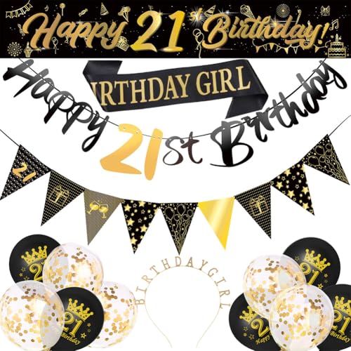 Schwarz Gold 21 Geburtstag Deko Schärpe und Tiara,Gold Kristall Krone Stirnband Geburtstag Girl Schärpe Mit Rosegold Happy 21th Birthday Banner 21 Luftballons Konfetti Ballons (B) von ZGCXRTO