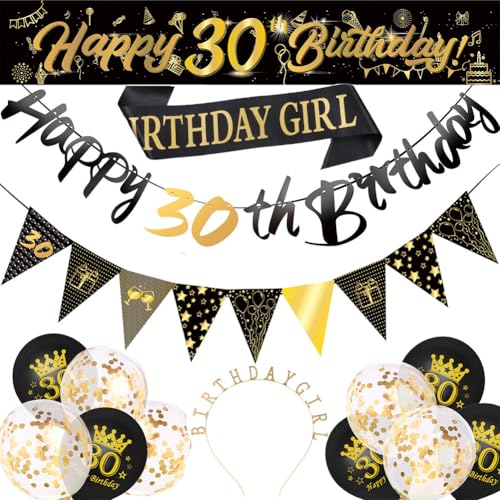 Schwarz Gold 30 Geburtstag Deko Schärpe und Tiara,Gold Kristall Krone Stirnband Geburtstag Girl Schärpe Mit Rosegold Happy 30th Birthday Banner 30 Luftballons Konfetti Ballons (C) von ZGCXRTO