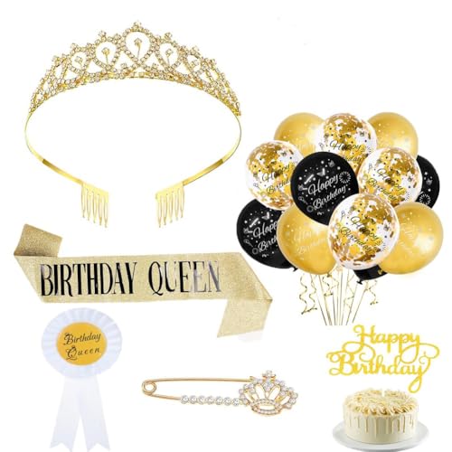 ZGCXRTO Geburtstagskrone Und Schärpe Für Damen,Geburtstag Konfetti Luftballons Frauen Party Accessoires Gold Kristall Tiara Krone Birthday Schärpe Happy Birthday Cake Topper Party Zubehör von ZGCXRTO