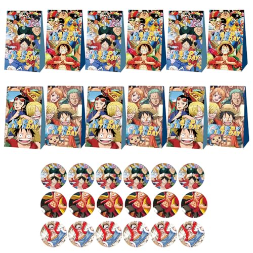 ZGCXRTO Piratenkönig Anime Geschenktüten 12 Pcs,L-uffy Geburtstag Papier Candy Bags, Papiertüten mit 12 PCS Aufkleber Geschenk Papiertüte, Cartoon Papiertüten, Kindergeburtstag Partytüten für Jungen von ZGCXRTO