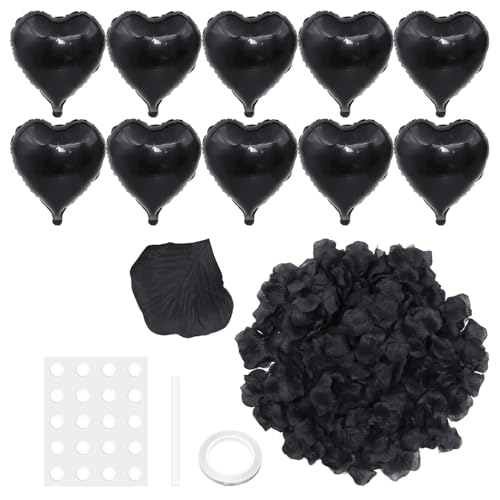 10 Stück Schwarze Herzförmige Luftballons, 100 Stück Künstliche Blütenblätter, 1 Rolle Band, 1 Stück Strohhalm, 20 Stück Kleber, Partyballons, Herzförmige Dekoballons von ZGDEIWGF