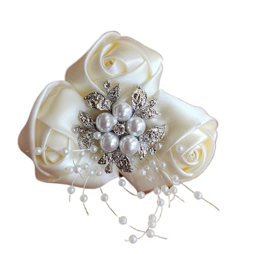 Brautjungfern Handgelenk Blumen 2 STÜCK Strass Elfenbein Rose Handgelenk Corsage Hochzeit Bräutigam Trauzeugen Boutonniere for Hochzeit Mutter der Braut Bräutigam Abschlussball Blumen für Hochzeit Par von ZGXNYI