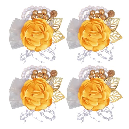 Brautjungfern Handgelenk Blumen 4PCS Braut Brautjungfer Handgelenk Blume Simulation Blume Band Perle Wald Hochzeit Liefert Trauzeugen Corsage Blume Armband für Hochzeit Party Prom Dekorationen(Yellow von ZGXNYI