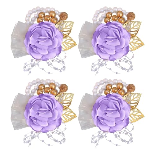 Brautjungfern Handgelenk Blumen 4PCS Braut Brautjungfer Handgelenk Blume Simulation Blume Band Perle Wald Hochzeit Liefert Trauzeugen Corsage Blume Armband für Hochzeit Party Prom Dekorationen(Purple von ZGXNYI