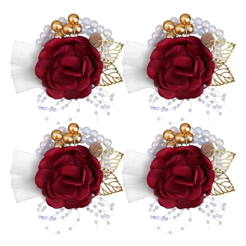 Brautjungfern Handgelenk Blumen 4PCS Braut Brautjungfer Handgelenk Blume Simulation Blume Band Perle Wald Hochzeit Liefert Trauzeugen Corsage Blume Armband für Hochzeit Party Prom Dekorationen(Burgund von ZGXNYI