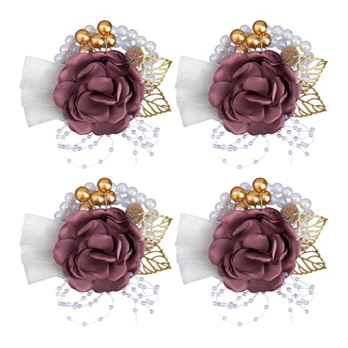 Brautjungfern Handgelenk Blumen 4PCS Braut Brautjungfer Handgelenk Blume Simulation Blume Band Perle Wald Hochzeit Liefert Trauzeugen Corsage Blume Armband für Hochzeit Party Prom Dekorationen(Bean Pa von ZGXNYI