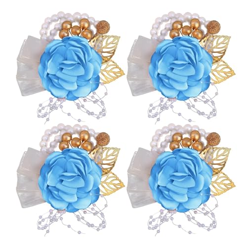 Brautjungfern Handgelenk Blumen 4PCS Braut Brautjungfer Handgelenk Blume Simulation Blume Band Perle Wald Hochzeit Liefert Trauzeugen Corsage Blume Armband für Hochzeit Party Prom Dekorationen(Blue 4) von ZGXNYI