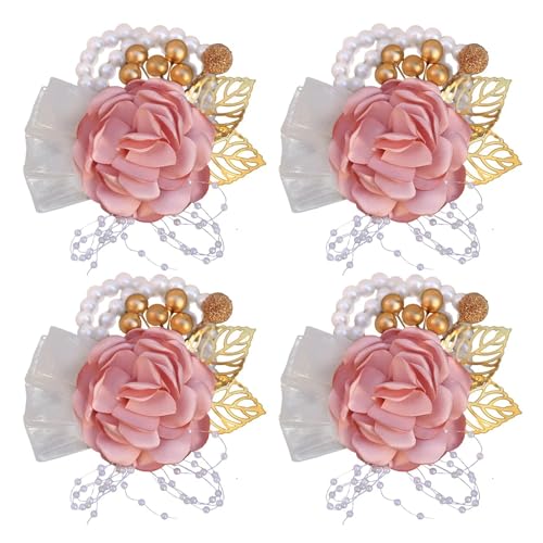 Brautjungfern Handgelenk Blumen 4PCS Braut Brautjungfer Handgelenk Blume Simulation Blume Band Perle Wald Hochzeit Liefert Trauzeugen Corsage Blume Armband für Hochzeit Party Prom Dekorationen(Pink 4) von ZGXNYI