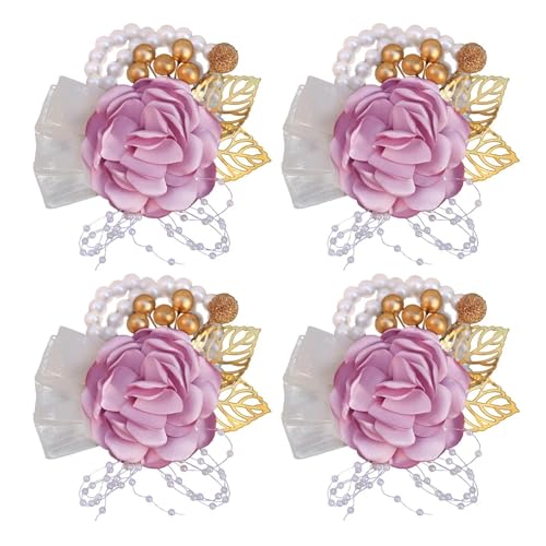 Brautjungfern Handgelenk Blumen 4PCS Braut Brautjungfer Handgelenk Blume Simulation Blume Band Perle Wald Hochzeit Liefert Trauzeugen Corsage Blume Armband für Hochzeit Party Prom Dekorationen(Taro Pu von ZGXNYI