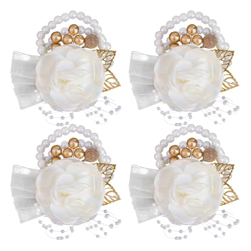 Brautjungfern Handgelenk Blumen 4PCS Braut Brautjungfer Handgelenk Blume Simulation Blume Band Perle Wald Hochzeit Liefert Trauzeugen Corsage Blume Armband für Hochzeit Party Prom Dekorationen(White 4 von ZGXNYI