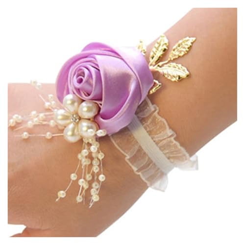 Brautjungfern Handgelenk Blumen 4PCS Brautjungfer Faux Rose Armband Hochzeit Handgelenk Polyester Band Perle Schleife Braut Geschenke Hand Blumen Party Zubehör für Hochzeit Party Prom Dekorationen(Pur von ZGXNYI