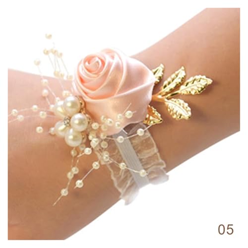 Brautjungfern Handgelenk Blumen 4PCS Brautjungfer Faux Rose Armband Hochzeit Handgelenk Polyester Band Perle Schleife Braut Geschenke Hand Blumen Party Zubehör für Hochzeit Party Prom Dekorationen(Lig von ZGXNYI